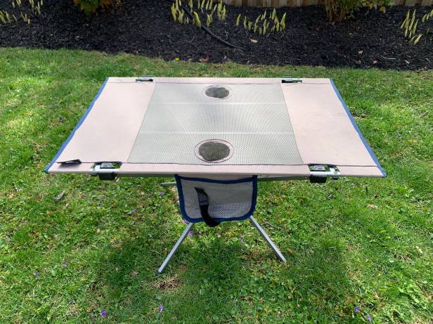 Folding camping table from Ozark Trail assembled and ready to be put to use