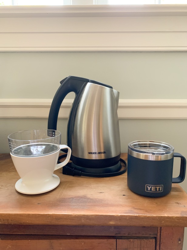 Tea kettle, single cup pour over system, and Yeti coffee mug