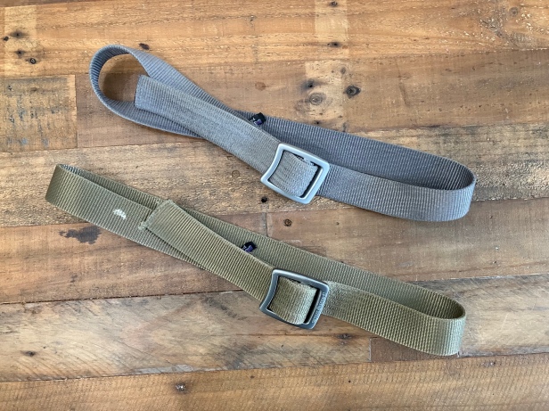 Two Patagonia Tech Web Belts in grey and olive green